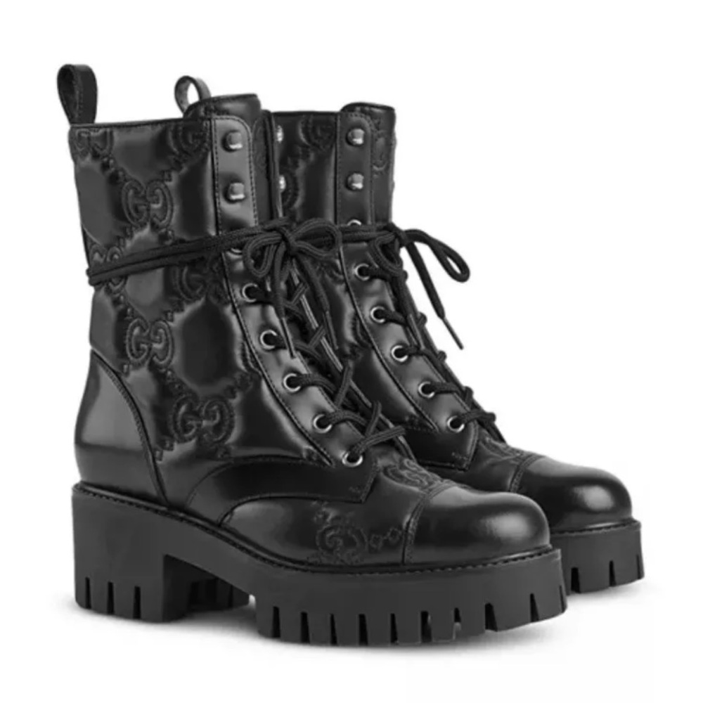 ❌ SOLD ❌ GUCCI BLACK QUILTED LACE UP LEATHER GG LOGO COMBAT BOOTS Size 39 - Picture 2 of 6